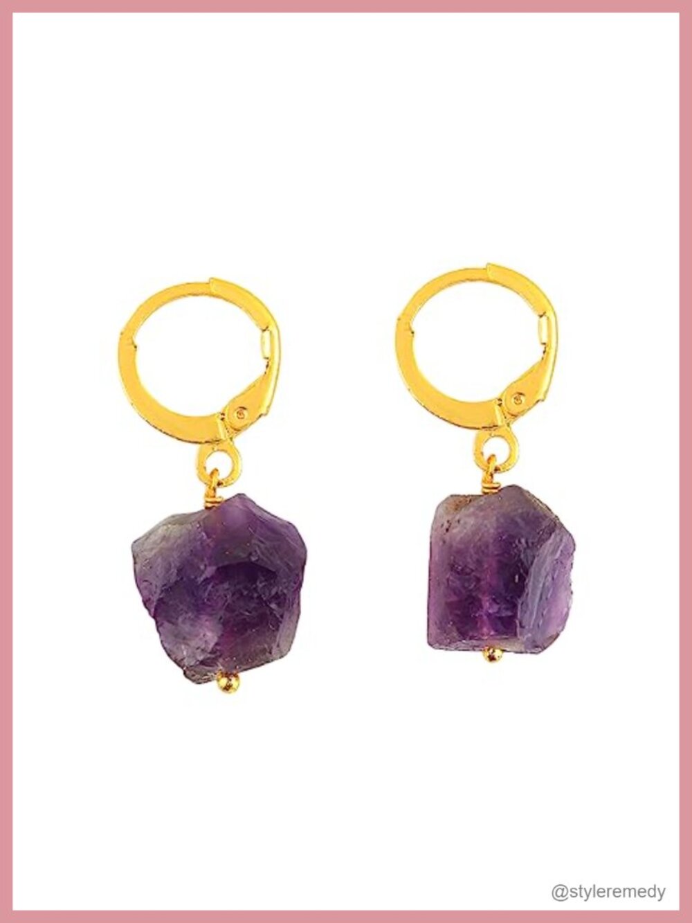 Raw Amethyst Hoop Earrings Gold Plated Brass Handmade Gemstone Drop